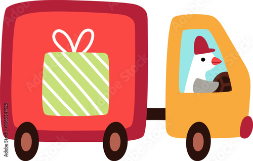 Vector bird driving truck with Christmas present. Cute winter automobile illustration isolated on white background. New Year transport with fir tree and animal driver. Funny cartoon holiday icon