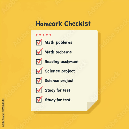 A vibrant flat vector illustration displays an organized homework checklist, featuring tasks with checkboxes and a pencil, perfect for academic planning and productivity.