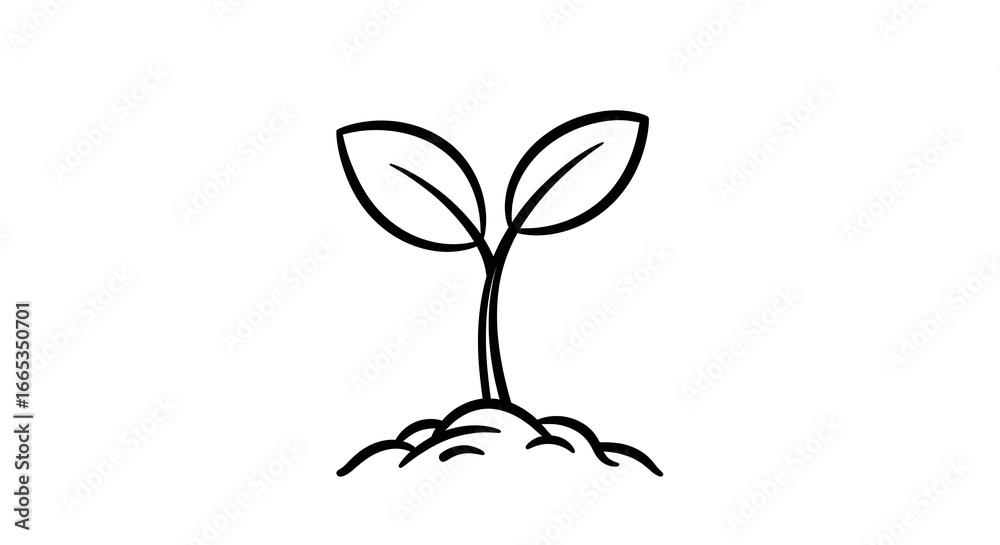 Fototapeta premium Minimal sprout line icon: simple two-leaf seedling emerging from soil in clean black outline for eco, gardening and growth concepts