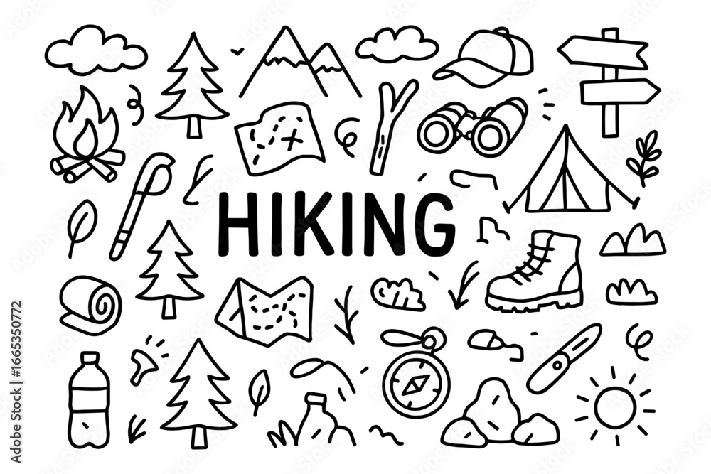 Fototapeta premium Hiking adventure: doodle elements of camping, nature, and exploration