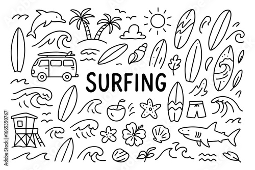 Beach surfing doodle with surfboards, waves, and palm trees in monochrome style