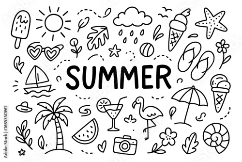 Hand drawn summer doodle collection with fun beach and vacation icons