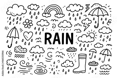 Rainy day doodles: playful black and white patterns featuring clouds, umbrellas, and raindrops