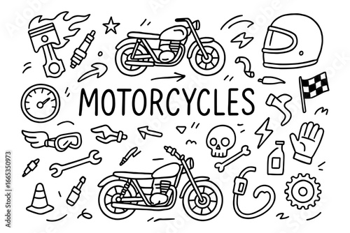 Hand drawn motorcycles doodle with helmet, tools, and skull motifs