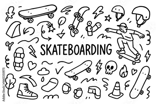 Skateboarding doodle art with fun elements in black and white