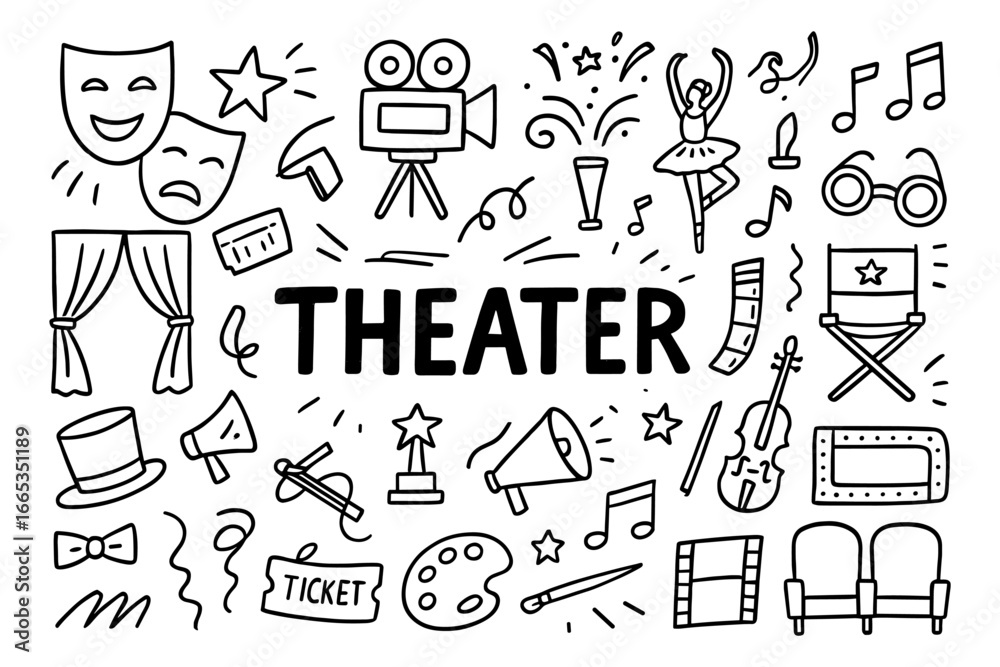 Obraz premium Theater doodle set: masks, cameras, curtains, and more in linear style