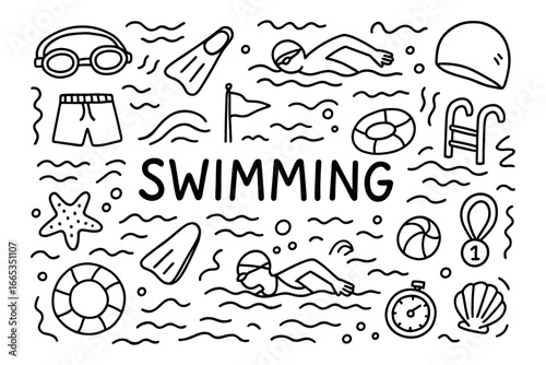 Swimming doodles: fun black and white line art with swimmers, gear, and sea elements