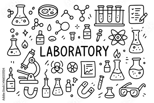 Laboratory science icons: hand drawn doodle set for chemistry and research