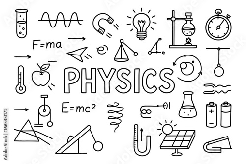 Physics doodle icons featuring formulas and scientific symbols in linear style