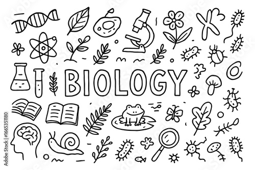 Hand drawn biology doodles with microscope and dna elements