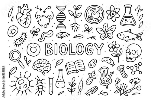 Hand-drawn biology doodle collection featuring plants, dna, cells, and scientific elements