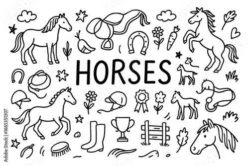 Hand drawn horse doodle set with equestrian elements in black and white