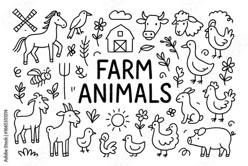 Farm animals doodle art featuring horse, cow, sheep, and more in line art style