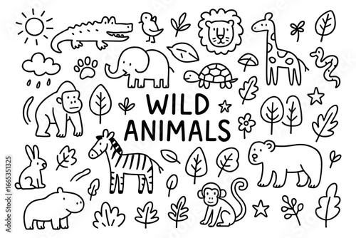 Cute wild animals in simple line art doodles with jungle elements