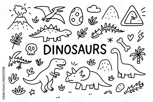 Dinosaur doodle art featuring prehistoric creatures and fossils