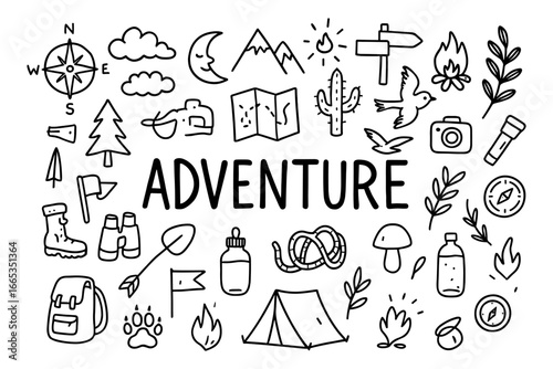 Adventure doodle elements: camping, hiking, and exploration symbols collection