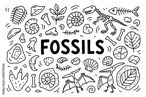 Hand drawn fossil collection with dinosaur skeleton and prehistoric elements