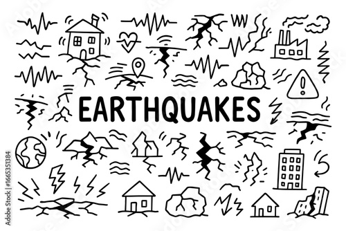 Earthquake icons set: linear style disaster and seismic symbols