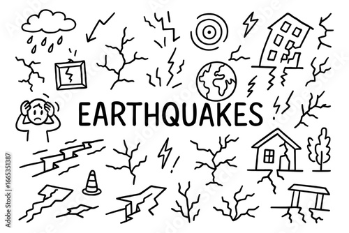 Earthquake doodle with cracks, damaged buildings, and shaking symbols in black and white