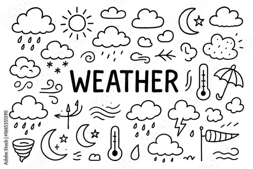 Hand-drawn weather icons set with sun, clouds, and thermometer illustrations