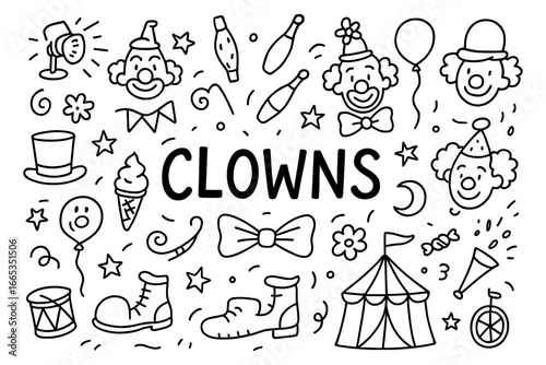 Playful clown doodles with circus theme in black and white