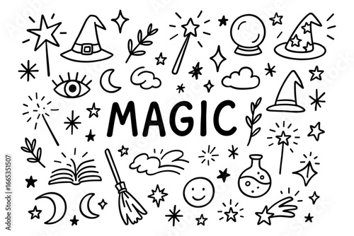 Whimsical magic doodle set with stars, wands, and hats