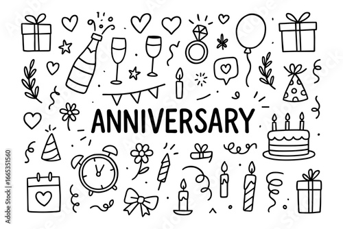 Anniversary celebration doodles with cake, balloons, and gifts