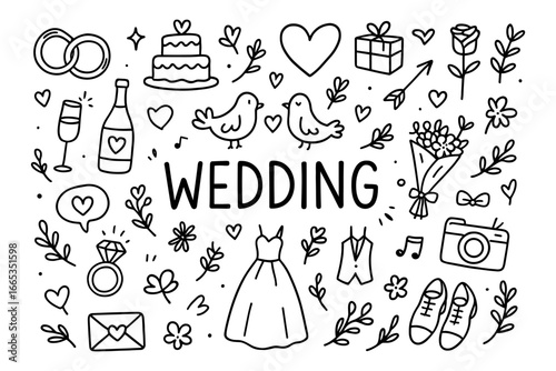Charming wedding doodles with romantic icons in hand drawn style