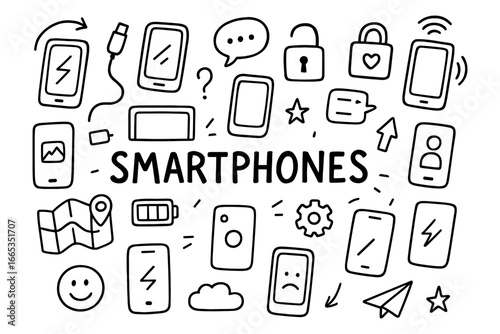 Hand drawn smartphone doodles with technology icons and symbols