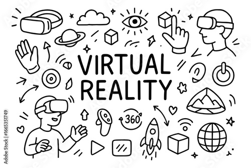 Virtual reality doodle art with headsets, planets, and controls in linear style