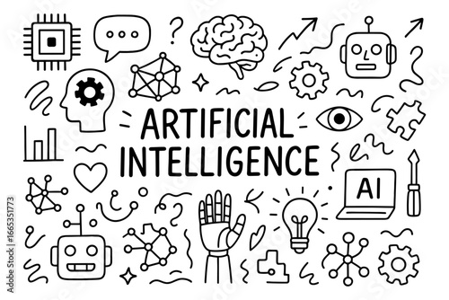 Doodle icons highlighting artificial intelligence and technology concepts