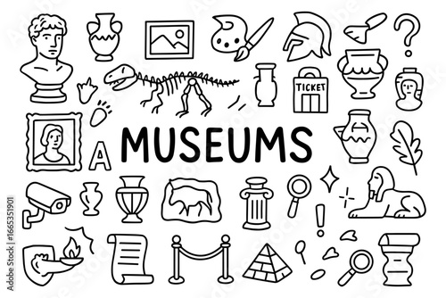 Museum doodles: fun and educational icon collection for art and history enthusiasts