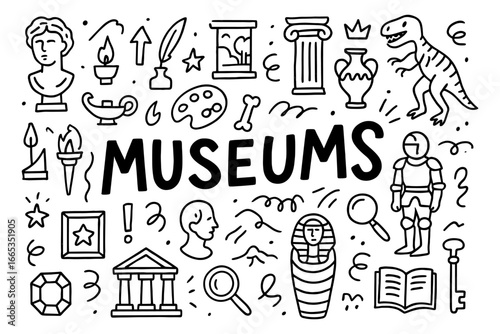 Museum icons and artifacts in hand-drawn doodle style for educational and cultural themes