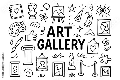 Creative art gallery doodle collection with iconic sketch elements and museum symbols