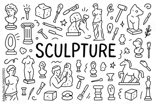 Hand-drawn sculpture doodles with classical statues and art tools