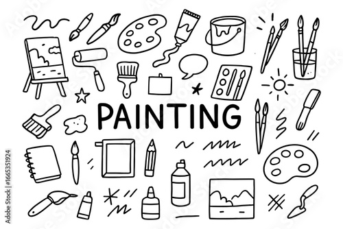 Creative painting tools in line art style featuring brushes, palette, and easel for art enthusiasts