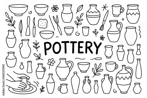 Handcrafted pottery line art with vases, bowls, and leaves in black and white