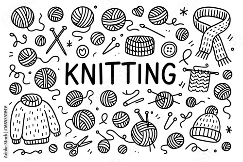 Hand drawn knitting elements with cozy yarn and needles in doodle style