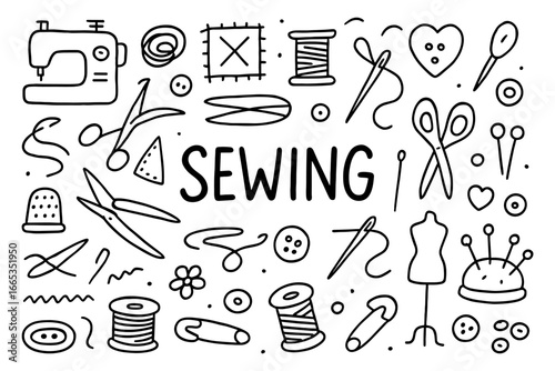 Hand drawn sewing tools and accessories collection with black linear doodles