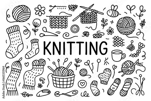 Hand-drawn knitting elements with yarn, needles, and cozy patterns
