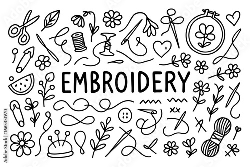 Hand drawn embroidery elements with floral designs and sewing tools