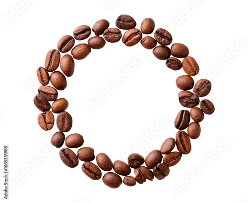 Circular arrangement of roasted coffee beans on transparent background, PNG
