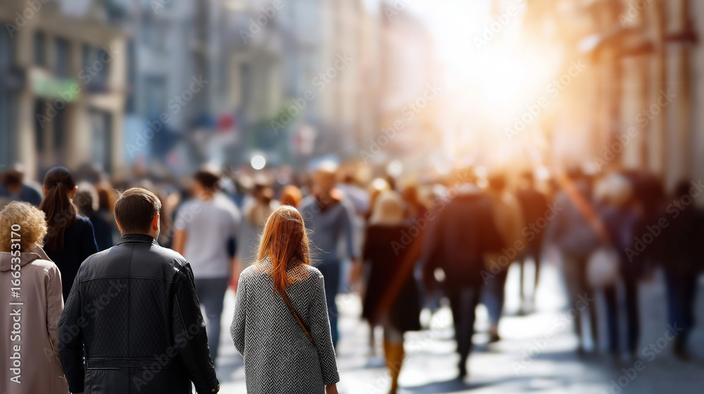 A lively street scene with a blurred crowd in sunlight A lively street scene with a blurred crowd in sunlight