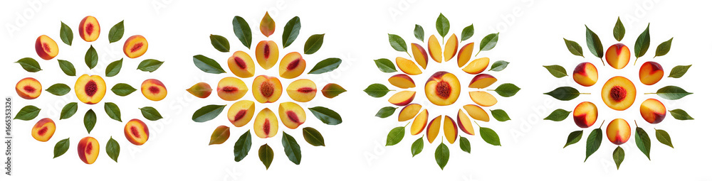 Naklejka premium Four circular compositions of sliced plums and green leaves isolated on transparent background, showcasing fresh, healthy, and organic ingredients for a balanced diet