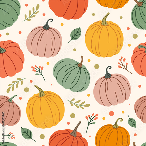 Thanksgiving day halloween seamless pattern with pumpkins and autumn leaves. Vector texture for textiles, table cloth, wrapping paper, banners, wallpapers.  Autumn harvest design