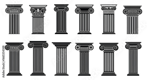 A set of various ancient greek and roman architectural columns and pillars