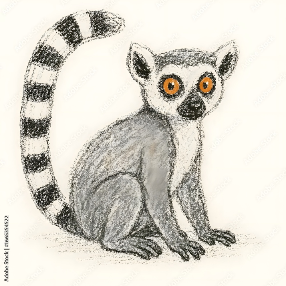 Fototapeta premium 알락꼬리 여우원숭이, 크레용 아트 일러스트, jpeg (Ring tailed lemur, crayon art Illustration, jpeg)