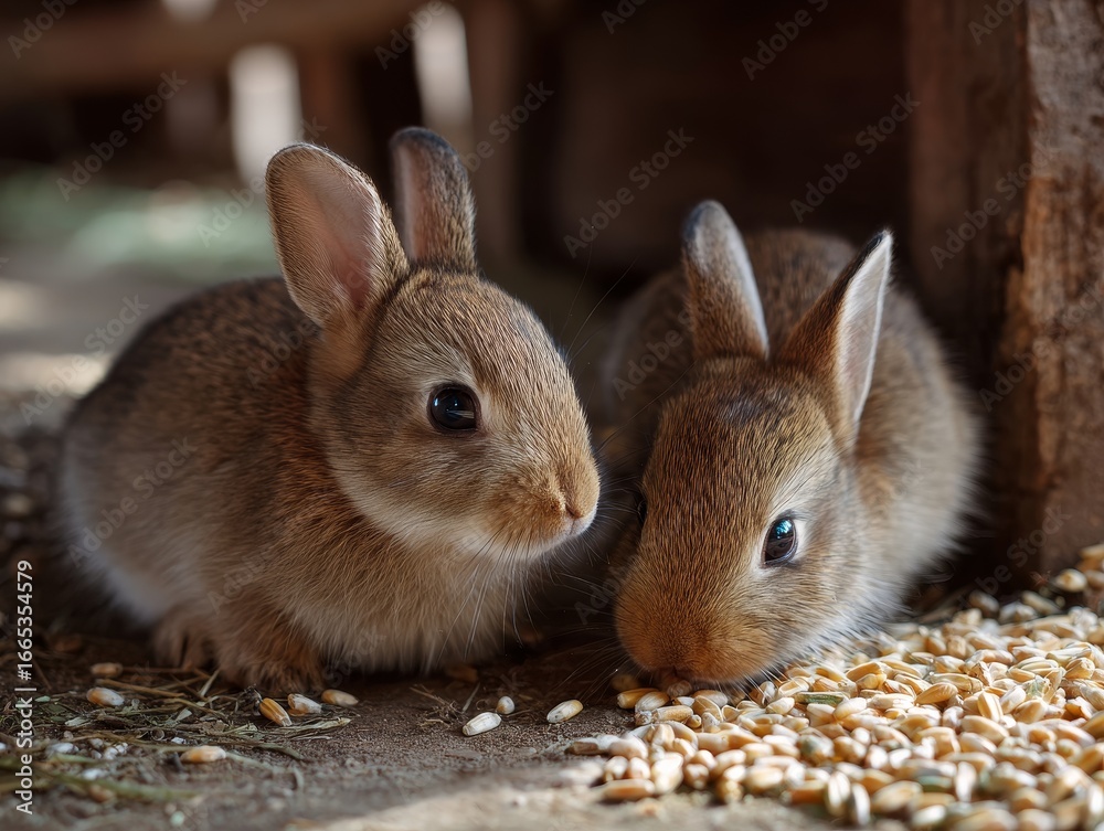 Fototapeta premium Two adorable rabbits eating wheat grains in a barn