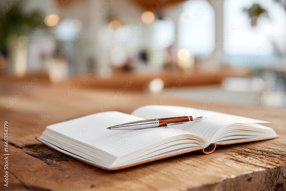 Fototapeta premium Open journal with a pen on a rustic wooden table in a bright and airy space
