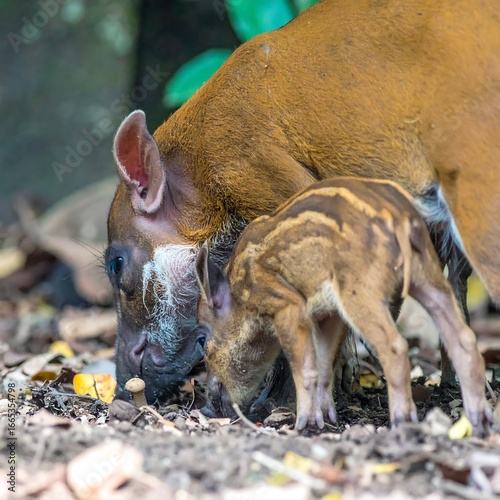 Close-up of a mother and baby wild pig foraging